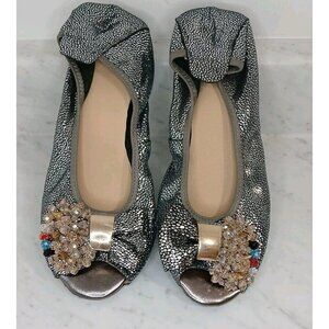 Embellished Crystal Ballet Flats Size 38 - 7.5, 8 US Metallic Peep Toe Stat
